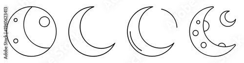 Set of outlined stylized moon phases and planetary satellites in black