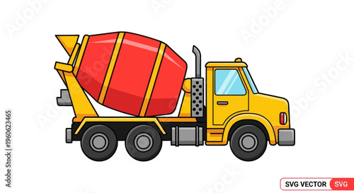 Cartoon Concrete Mixer Truck, Construction Vehicle, Yellow and Red