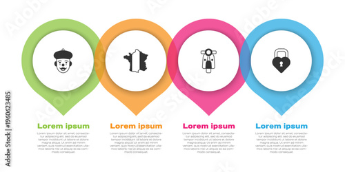 Set French mime, Map of France, Scooter and Castle in the shape heart. Business infographic template. Vector