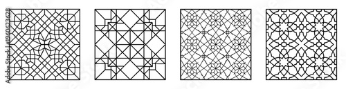 Four distinct monochrome abstract geometric patterns with varied shapes and complexity