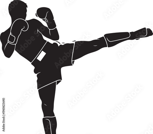 Martial arts, kickboxing, Muay Thai, fighter silhouette, black and white vector