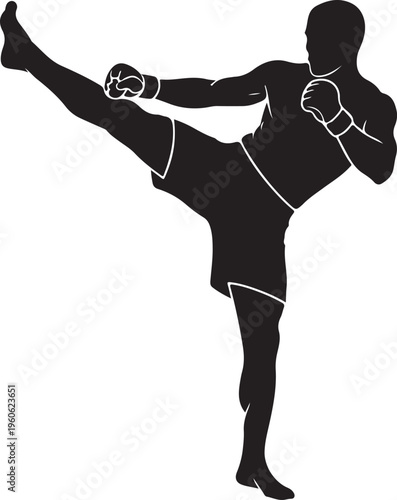 Martial arts, kickboxing, Muay Thai, fighter silhouette, black and white vector