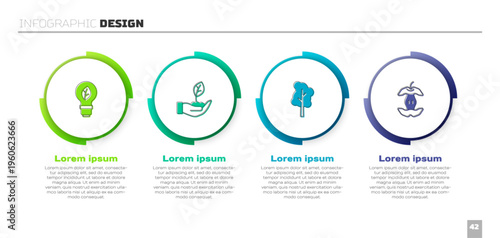 Set Light bulb with leaf, Plant in hand, Tree and Apple core. Business infographic template. Vector