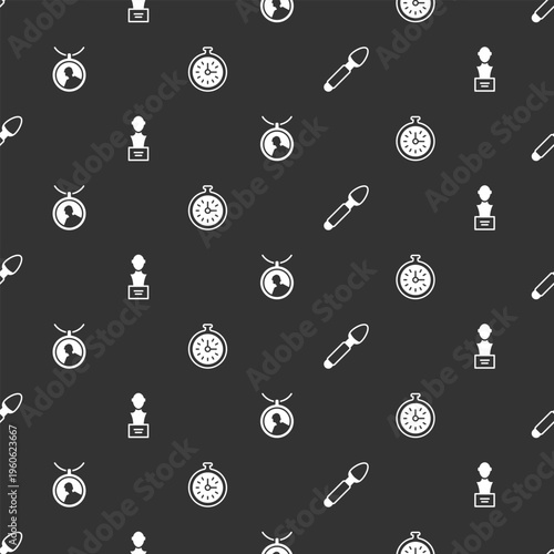 Set Silver spoon, Gypsum head sculpture bust, Locket necklace and Pocket watch on seamless pattern. Vector