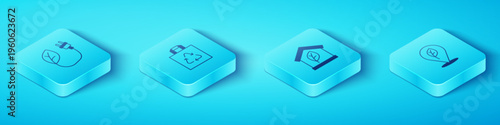 Set Isometric Electric saving plug in leaf, Shopping bag with recycle, Location and Eco friendly house icon. Vector