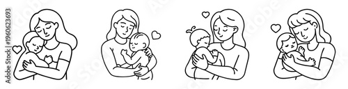 Four monochrome depictions of mothers embracing their babies with love hearts
