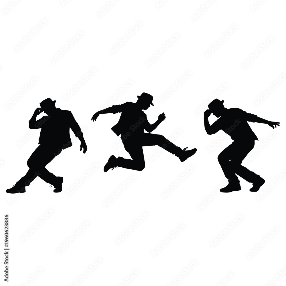 Fototapeta premium Silhouettes of three men in dynamic dance poses