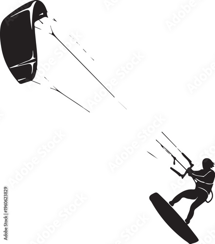 Kite surfing, kitesurfing, parasailing, water sports icon, black silhouette vector