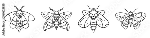 Four whimsical line art moth illustrations with skull faces and decorated wings