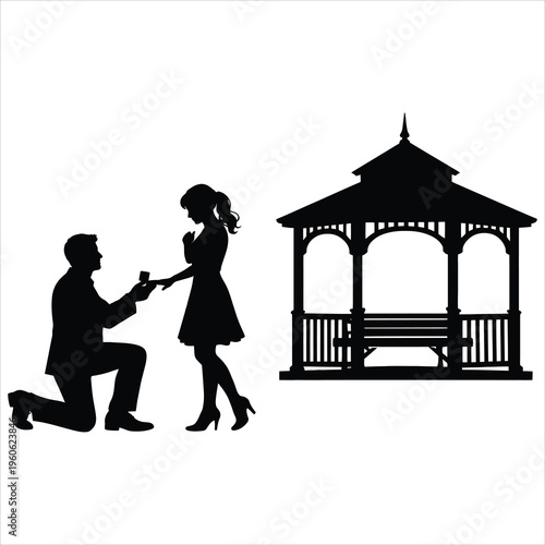 A man proposes to a woman in a gazebo