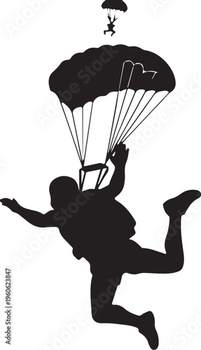 Parachute, skydiver silhouette, black vector icon, adventure sports graphics