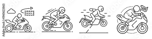 Line art illustrations showing stylized motorcyclists in different scenarios and poses