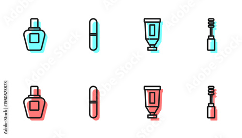 Set line Cream or lotion cosmetic tube, Perfume, Nail file and Mascara brush icon. Vector