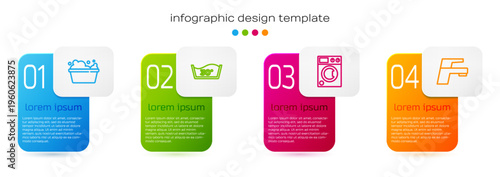 Set line Basin with soap suds, Temperature wash, Washer and Water tap. Business infographic template. Vector