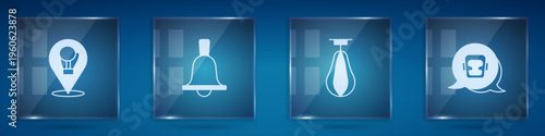 Set Boxing glove, bell, Punching bag and helmet. Square glass panels. Vector