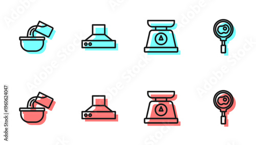 Set line Scales, Saucepan, Kitchen extractor fan and Fried eggs on frying icon. Vector