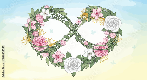 Beautiful floral infinity symbol interwoven with climbing vines and lush blossoms creating romantic eternal design element