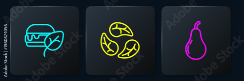 Set line Vegan food diet, Pear and Leaf or leaves. Black square button. Vector