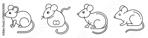 Four cute mouse line drawings in different poses over white background