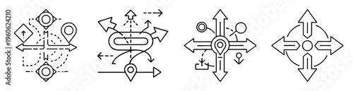 Conceptual icon designs representing directions movement pathing navigation and location finding