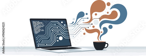Digital concept illustrating the complex synergy between computer programming code and creative ideas emerging from coffee steam.