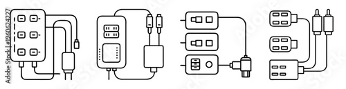 Collection of various electrical boxes outlets connectors and plugs in line art
