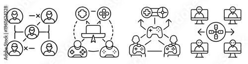 Illustrations representing multiple gaming concepts including multiplayer and shared controls