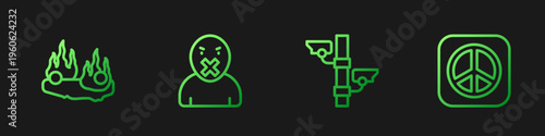 Set line Security camera, Burning car, Censor and freedom of speech and Peace. Gradient color icons. Vector