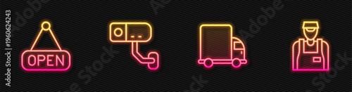 Set line Delivery cargo truck, Hanging sign with Open, Security camera and Seller. Glowing neon icon. Vector