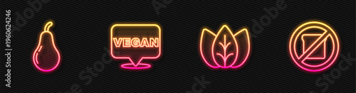 Set line Leaf or leaves, Pear, Vegan food diet and Gluten free grain. Glowing neon icon. Vector