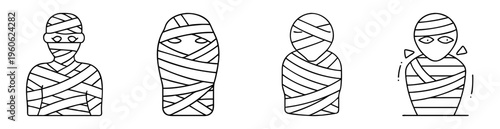 Four different mummy designs in black and white line art illustration