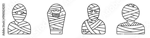 Four stylized black and white mummy figures for Halloween illustration