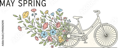 Minimalist illustration for May spring, featuring a vintage line art bicycle with a vibrant floral bouquet trailing from its rear wheel.