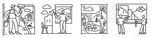 Line art illustrations portraying a window cleaner at work in various scenarios