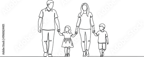 Continuous one line drawing of a happy family with two children, a son and a daughter, walking together hand in hand.