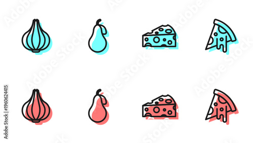 Set line Cheese, Garlic, Pear and Slice of pizza icon. Vector