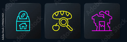 Set line Donation and charity, Ruined house and Searching for food. Black square button. Vector