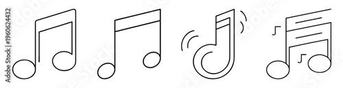 Set of four different music notes in black and white line art