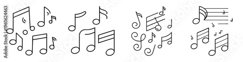 Musical notation doodles and illustrations, musical note sketches in black and white