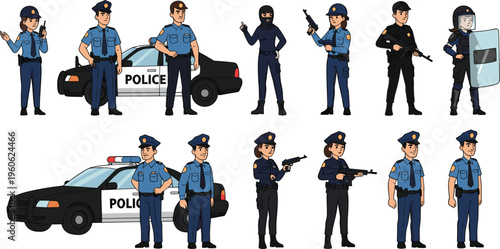 Police Officer and SWAT Team Vector Set Featuring Uniformed Officers, Police Cars, Riot Gear, and Tactical Weapons for Law Enforcement and Security Designs