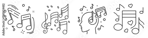 Artistic monochrome drawing featuring different music notation and symbols designs