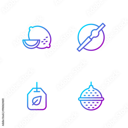 Set line Ball tea strainer, Tea bag with leaf, Lemon and Cigarette. Gradient color icons. Vector