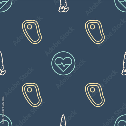 Set line Carrot, Steak meat and Heart rate on seamless pattern. Vector