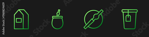Set line Cigarette, Paper package for milk, Mate tea and Cup with bag. Gradient color icons. Vector