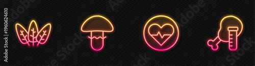Set line Heart rate, Leaf, Mushroom and Genetically modified chicken. Glowing neon icon. Vector