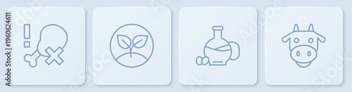 Set line No chicken leg, Bottle of olive oil, Sprout and Cow head. White square button. Vector