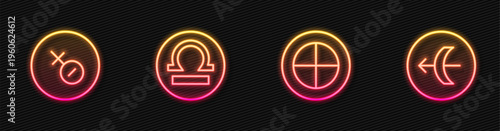 Set line Earth globe, Venus symbol, Libra zodiac and Sagittarius. Glowing neon icon. Vector