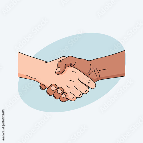 Two hands, different skin tones, clasped in a handshake against a pale blue background