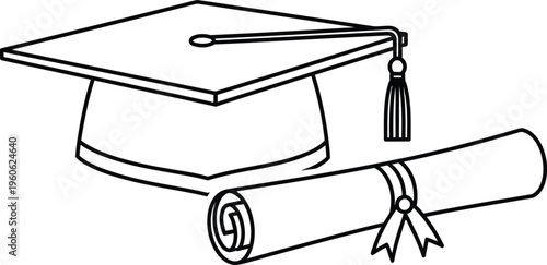 Simple black and white line art icon depicting academic achievement with a graduation cap and rolled diploma certificate.