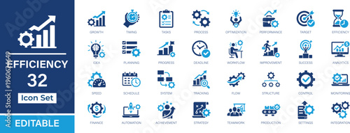 Efficiency 32 fill icon set. Productivity, performance, optimization, workflow, strategy, analytics, growth, tracking, monitoring, automation, integration vector icons.